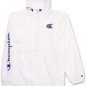 Champion Men’s Windbreaker Drawstring Jacket- Big and Tall Hoodie Anorak- White